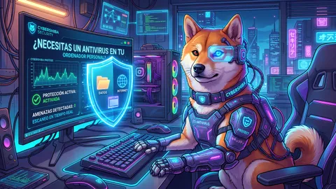 Ilustración del Shiba de CyberShiba como guardián cibernético frente a un ordenador que muestra "¿Necesitas un antivirus en tu ordenador personal?" con la protección activada y cero amenazas detectadas