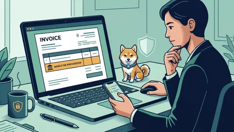 Una persona revisa los datos bancarios de una factura en un portátil, con el móvil preparado para verificarlos y el Shiba de CyberShibaSec a su lado.