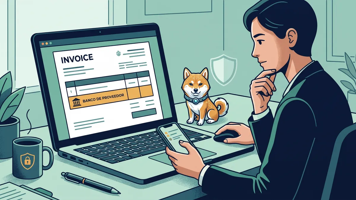 Una persona revisa los datos bancarios de una factura en un portátil, con el móvil preparado para verificarlos y el Shiba de CyberShibaSec a su lado.