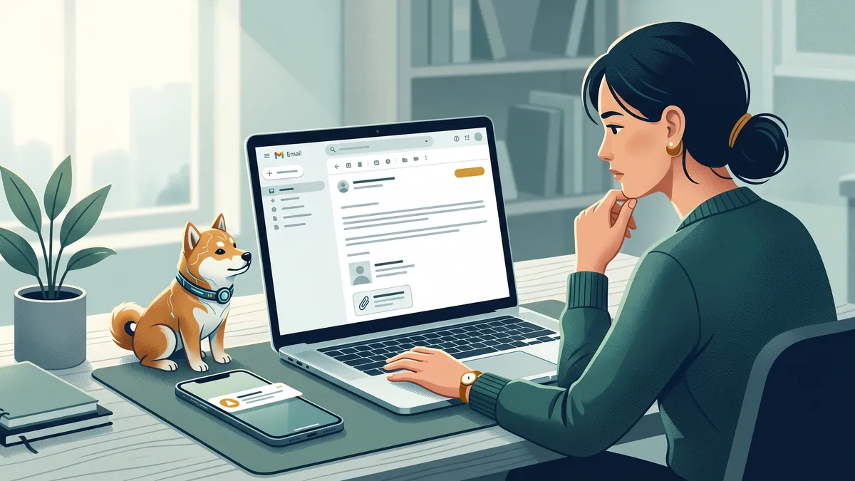 Una persona se detiene a revisar un correo en el portátil mientras el Shiba de CyberShibaSec observa la pantalla a su lado.