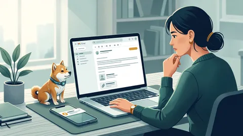 Una persona se detiene a revisar un correo en el portátil mientras el Shiba de CyberShibaSec observa la pantalla a su lado.