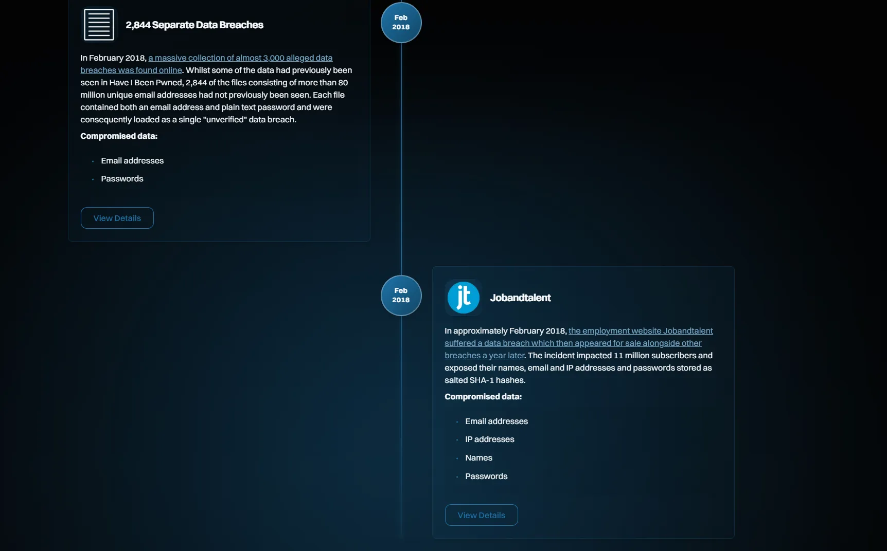 Detalle de dos entradas de Have I Been Pwned: una colección de filtraciones y el incidente de Jobandtalent