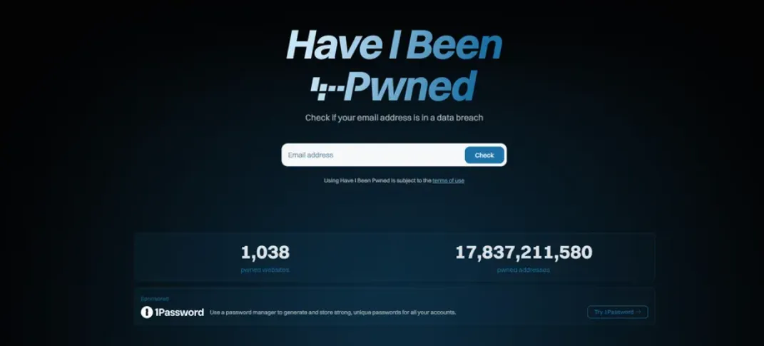Página de Have I Been Pwned con el campo para introducir el correo y el botón Check