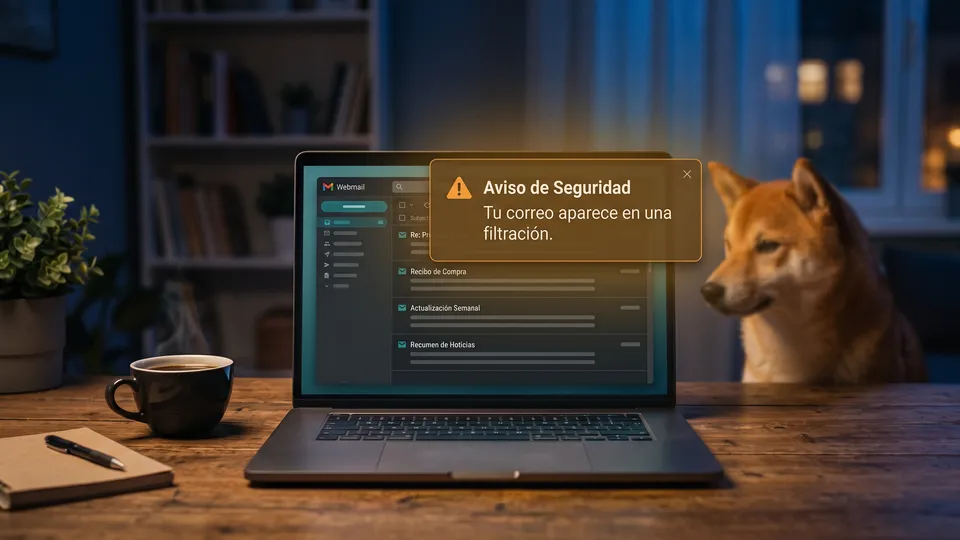 Portátil con una alerta de correo expuesto en una filtración, junto a un shiba y una taza de café.